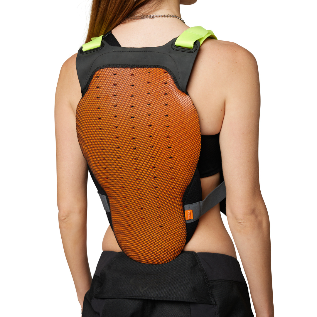 Back view highlighting the CE-certified back panel of the FOX Raceframe Impact Armour.