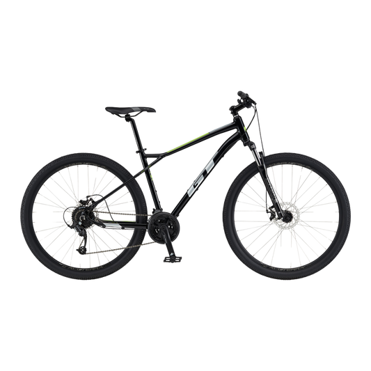 Side view of the GT Aggressor Sport in Black showcasing its hardtail frame.