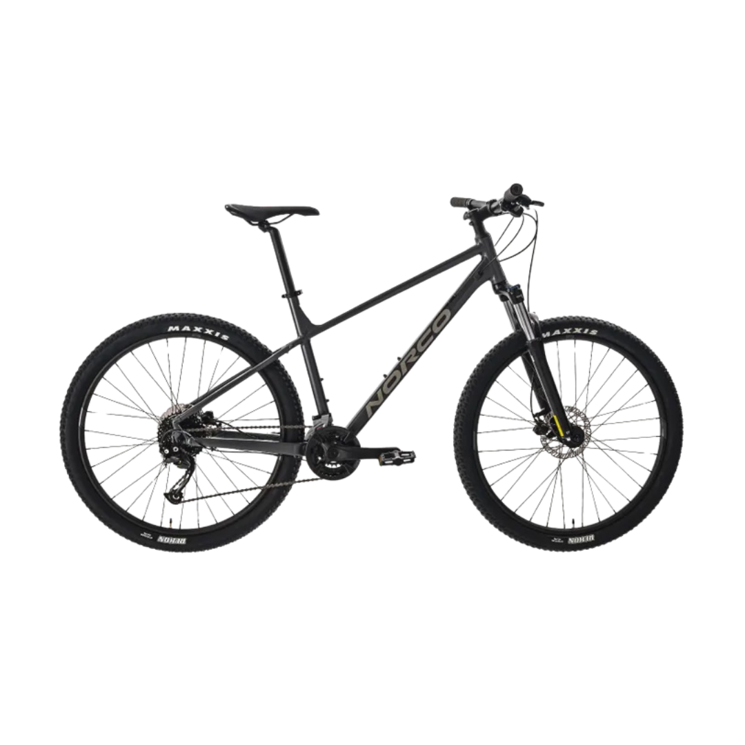 Side view of the Norco Storm 3 - 27.5 showcasing its lightweight alloy frame in charcoal silver