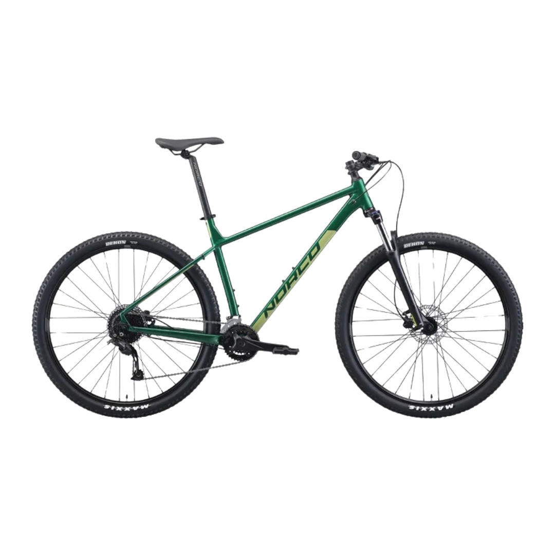 Side view of the Norco Storm 3 - 27.5 showcasing its lightweight alloy frame in green sage