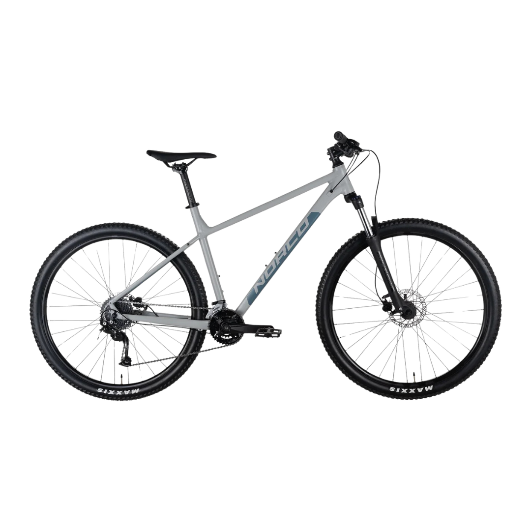 Side view of the Norco Storm 3 - 27.5 showcasing its lightweight alloy frame in grey blue