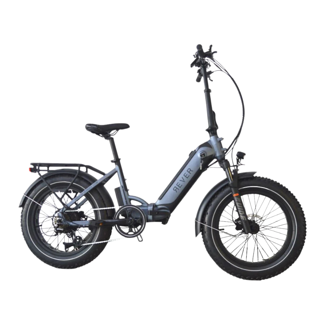 Side view of the REVER Turbo Folding Fat E-Bike showcasing its foldable design Blue