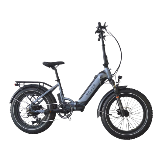 Side view of the REVER Turbo Folding Fat E-Bike showcasing its foldable design Blue