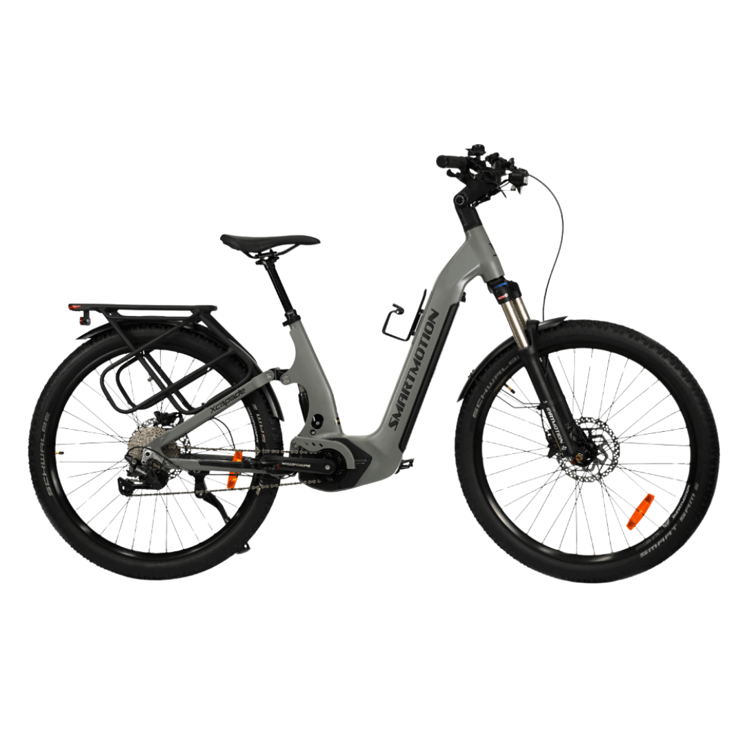 Side view of the Smartmotion Xcapade E-Bike showcasing its sleek design and dual suspension.