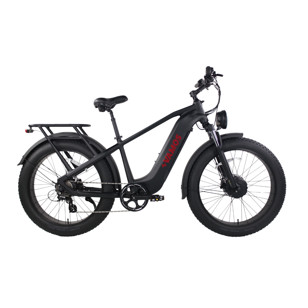 Side view of the VAMOS El Hefe Black e-bike showcasing its fat tires and powerful design.